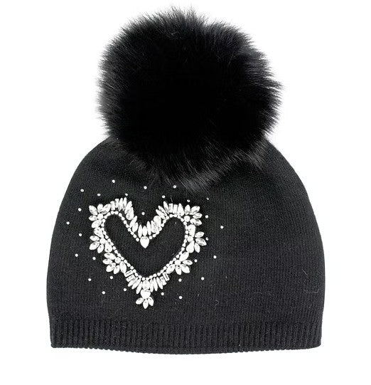 Mitchie's - Crystal Heart Hat with Black Fox Fur Pom Pom