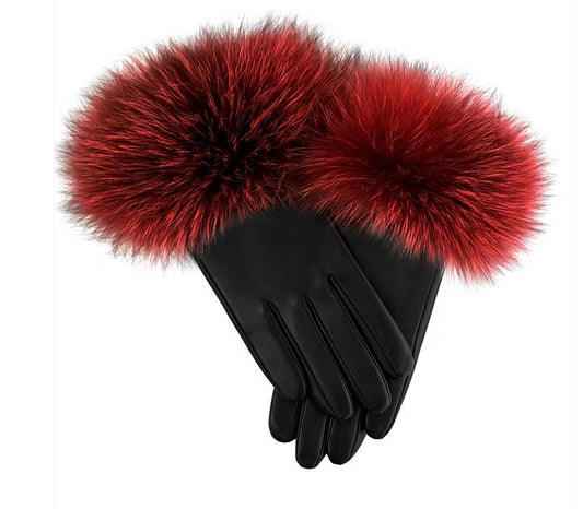 Mitchie's - Black Leather & Red Indigo Fox Fur Gloves