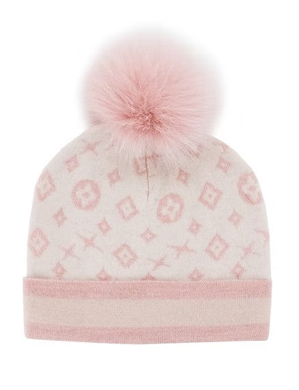 Mitchie's - Wool and Lurex Monogram Hat with Fox Fur - Soft Pink