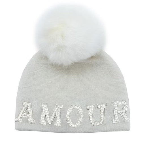 Mitchie's - Knit AMOUR hat with pearls and fox fur pom pom