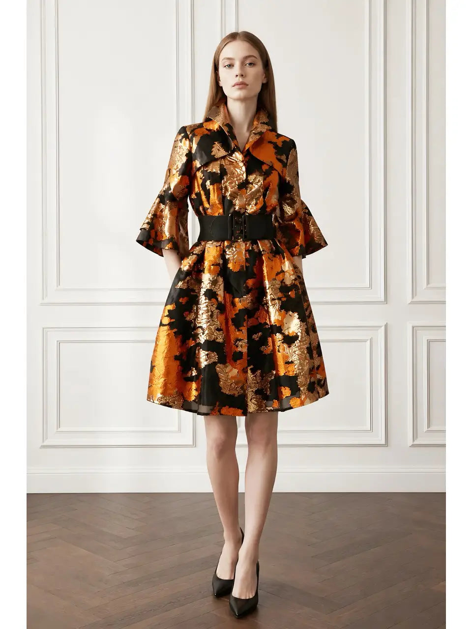 Samuel Dong - Metallic Brocade Bell Sleeve Dress