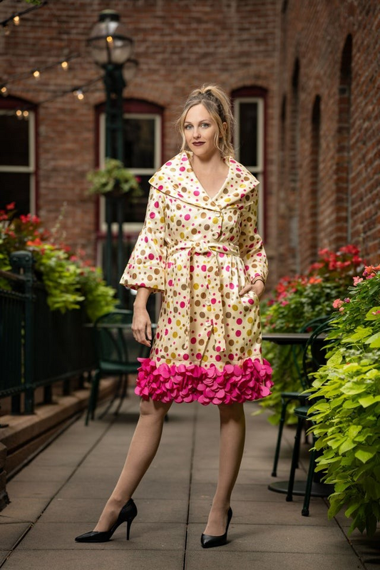 Samuel Dong - Beige & Pink Polka Dot Coat Dress
