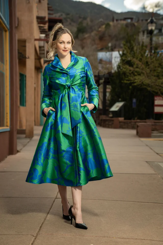 Samuel Dong - Double Collar Floral Coat Dress - Blue and Green