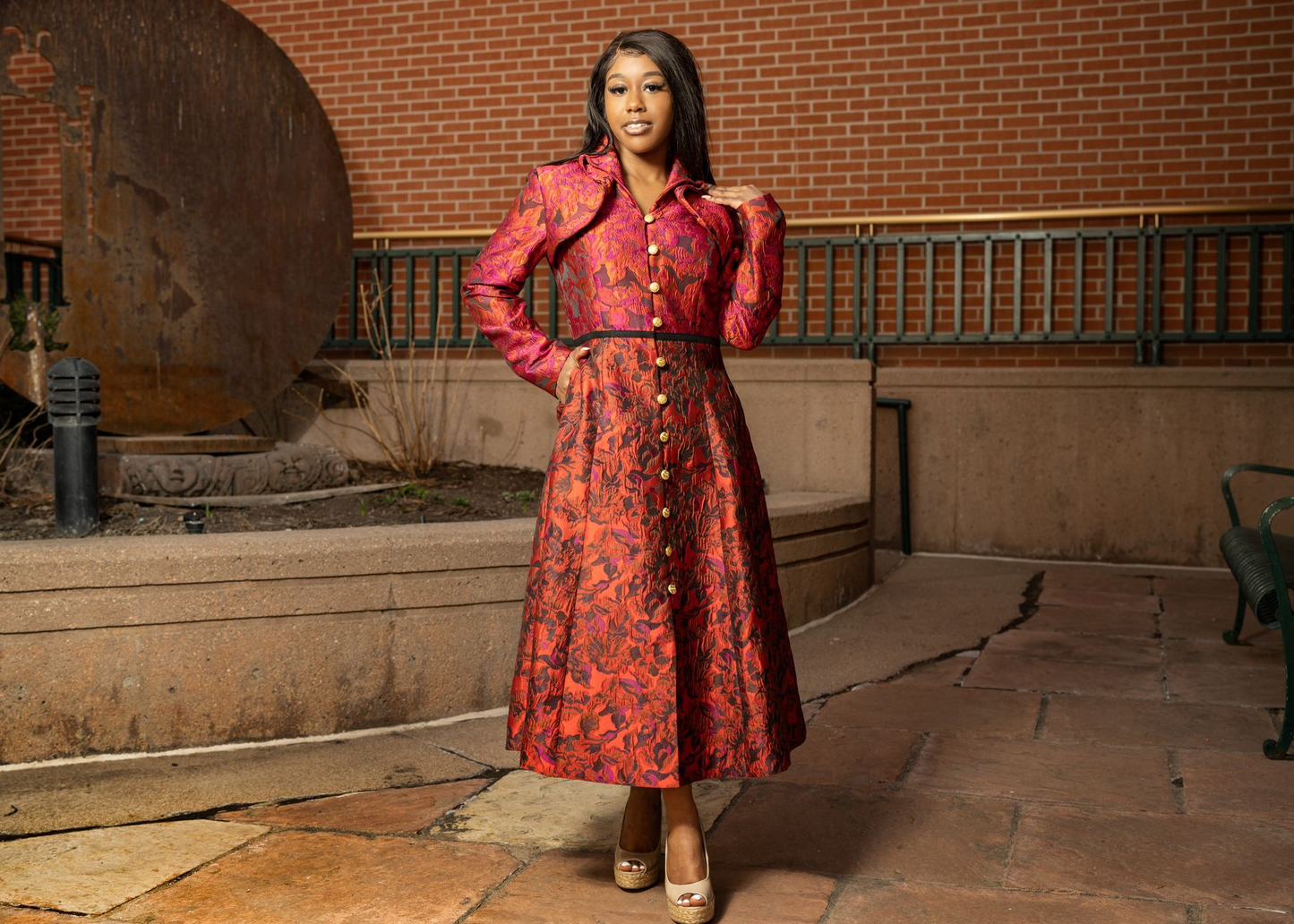 Samuel Dong - Red and Fushia Jacquard Coat Dress