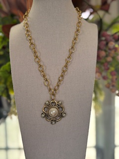 Yochi NY - Pearl & Brass Swirl Flower Necklace