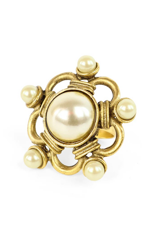Yochi NY - Pearl & Brass Swirl Flower Ring