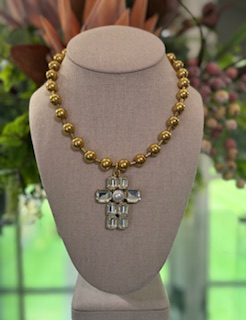 Yochi NY - Gold Bead & Crystal Cross Necklace