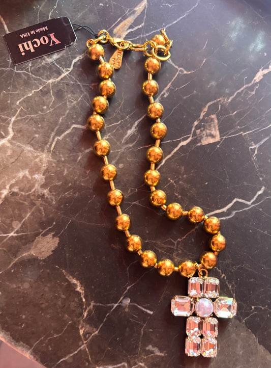 Yochi NY - Gold Bead & Crystal Cross Necklace