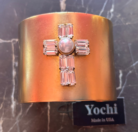 Yochi NY - Gold Cuff with Crystal Cross