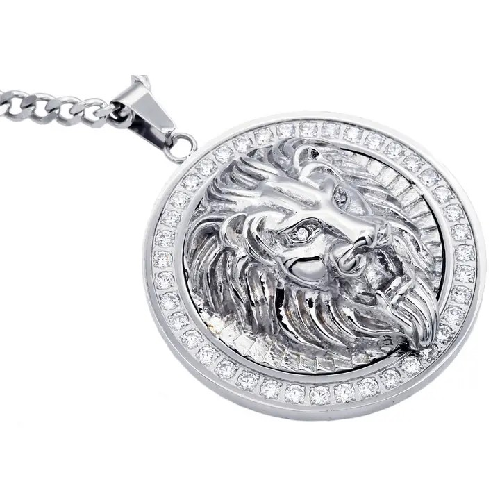 Blackjack Men's Jewelry - Silver Stainless Steel Lion Pendant Necklace with CZ